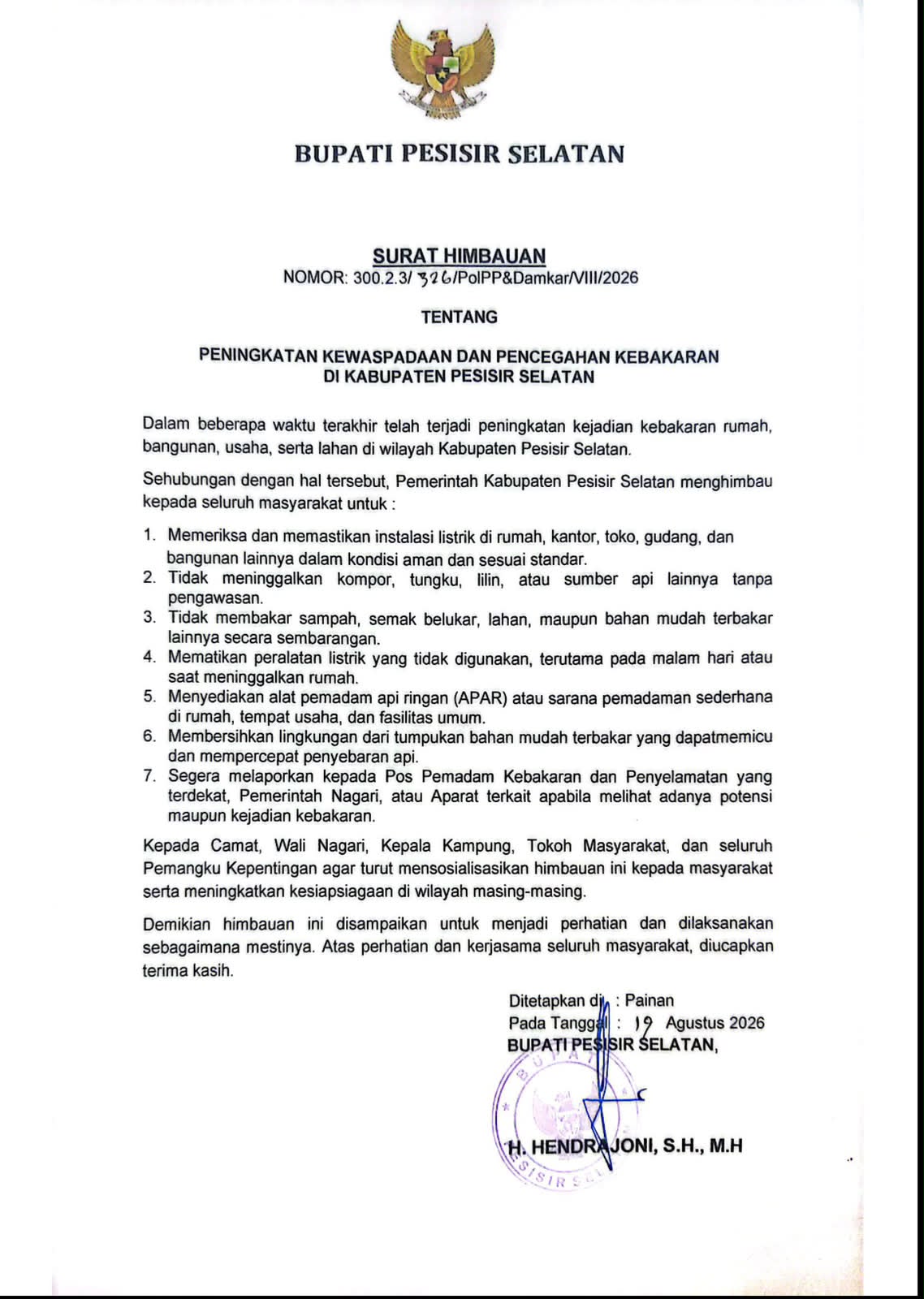 SURAT HIMBAUAN BUPATI PESISIR SELATAN